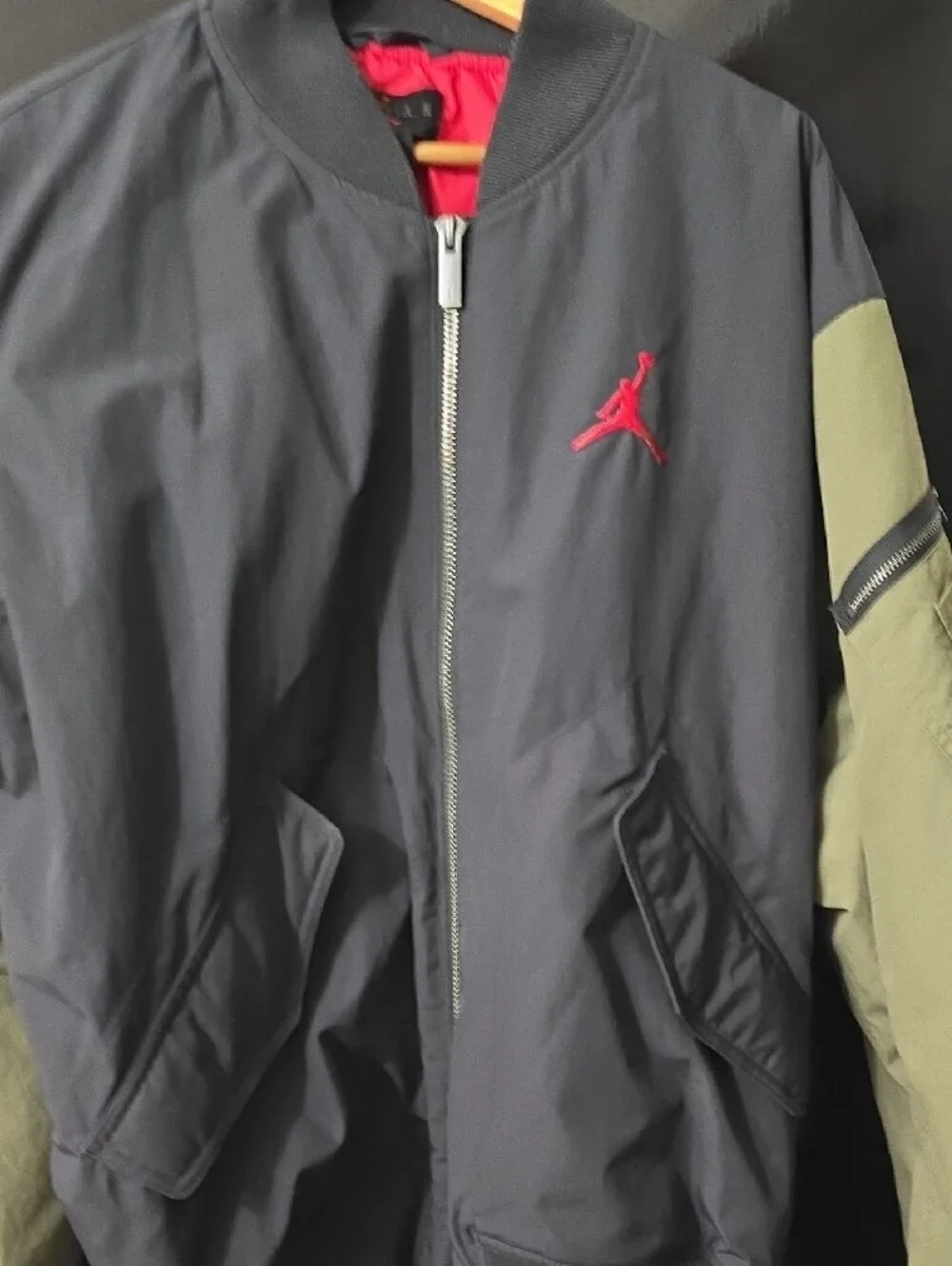 Jordan Two-Tone Bomber Jacket in Black, Olive & Red